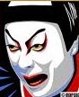 Striking makeup features an intense expression