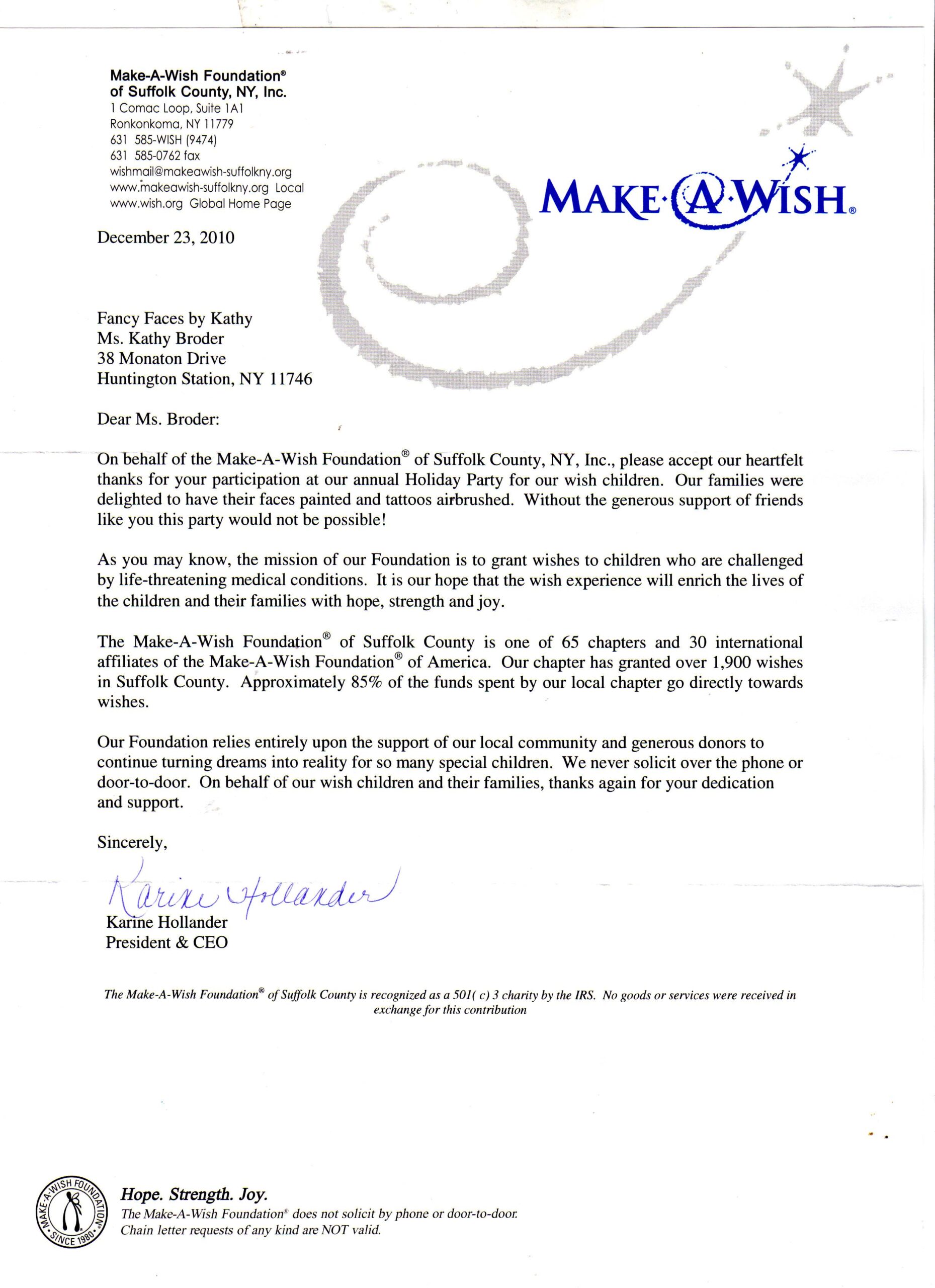 Letter from the Make-A-Wish Foundation thanking Kathy Broder