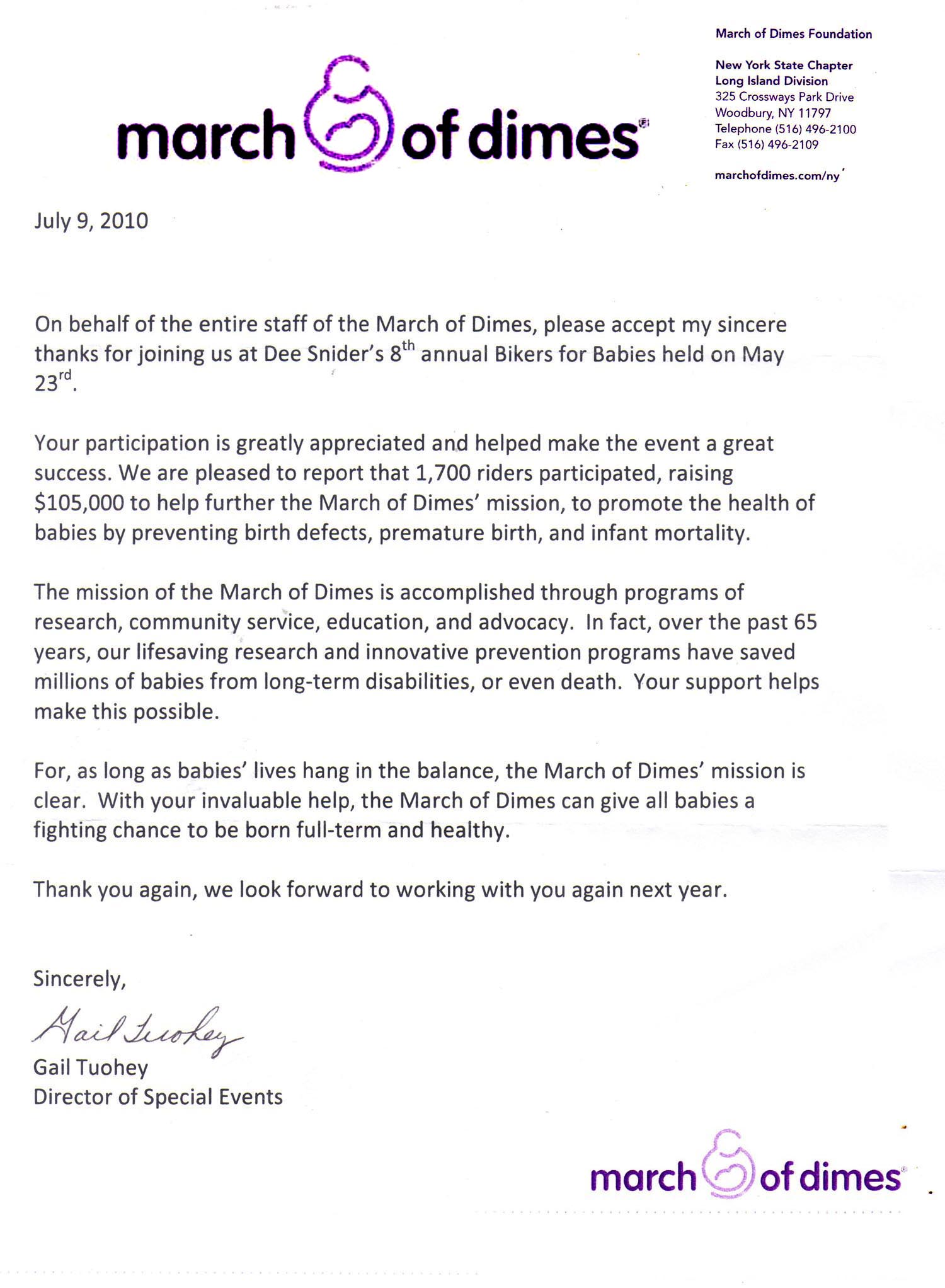 Letter from March of Dimes thanking participants of Dee Snider's 8th annual Bikers